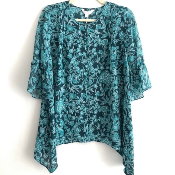 LC LAUREN CONRAD Top Blouse Pintuck Shark-Bite Patterned Teal Floral Size M L - Picture 6 of 14